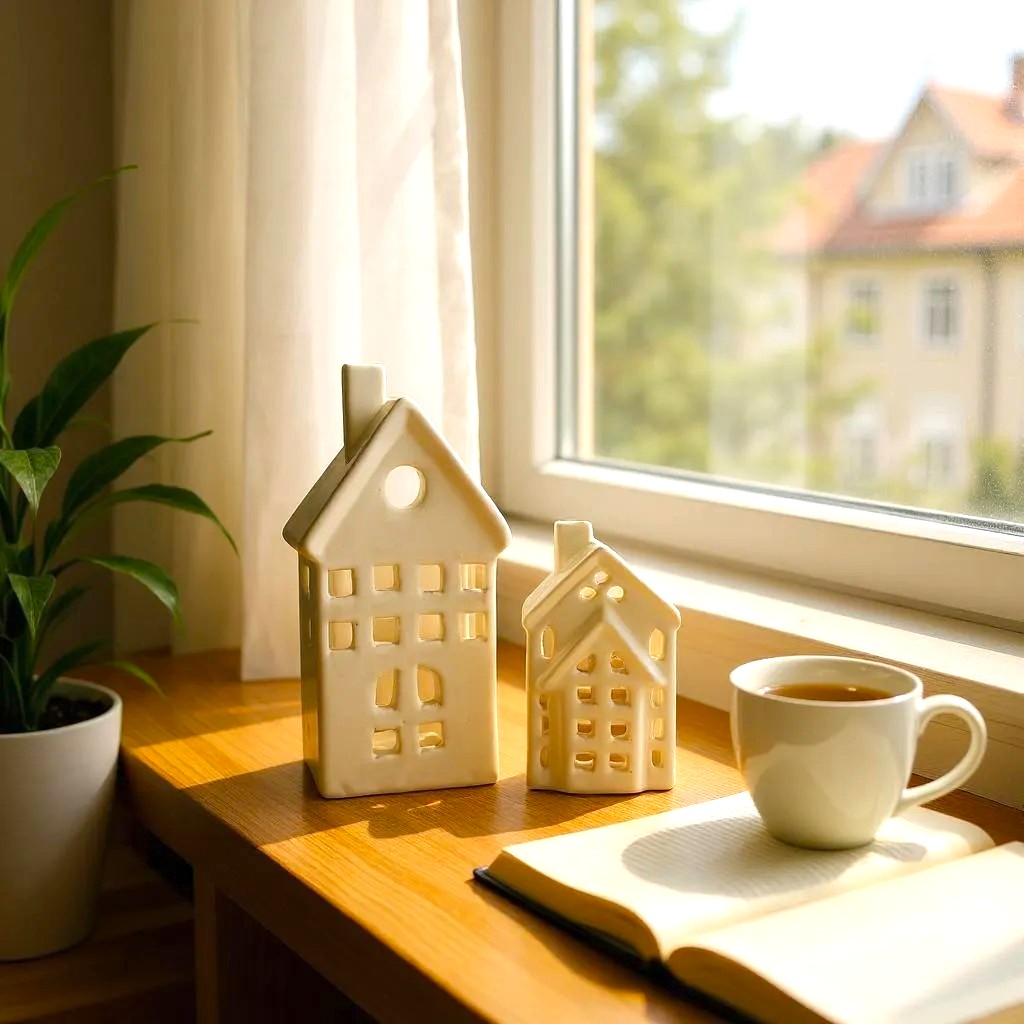 Ceramic house-shaped lamps and a cup of coffee on a windowsill with a view of a house.